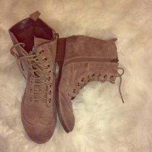 Tan Combat boots, wooden heel